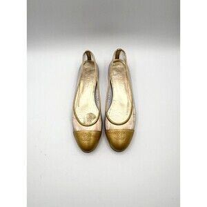 Chanel Gold Leather & Perforated PVC CC Logo Cap Toe Ballet Flats Size EU 39